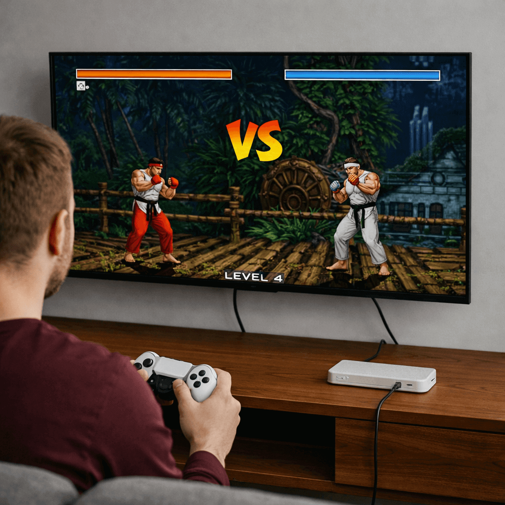 M15 GAMING CONSOLE MED RETRO SPILL – En spiller nyter gaming retro gaming med klassiske figurer på skjermen.
