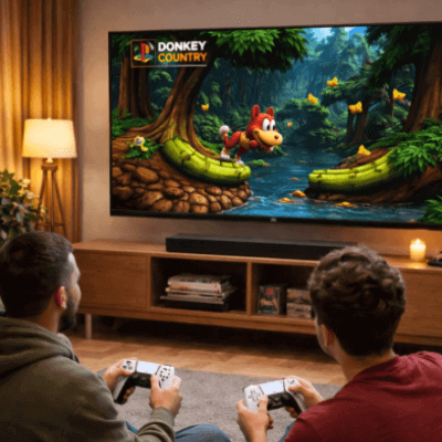 To personer som spiller Donkey Country på M15 gaming console, med fokus på retro gaming og spill maskin.